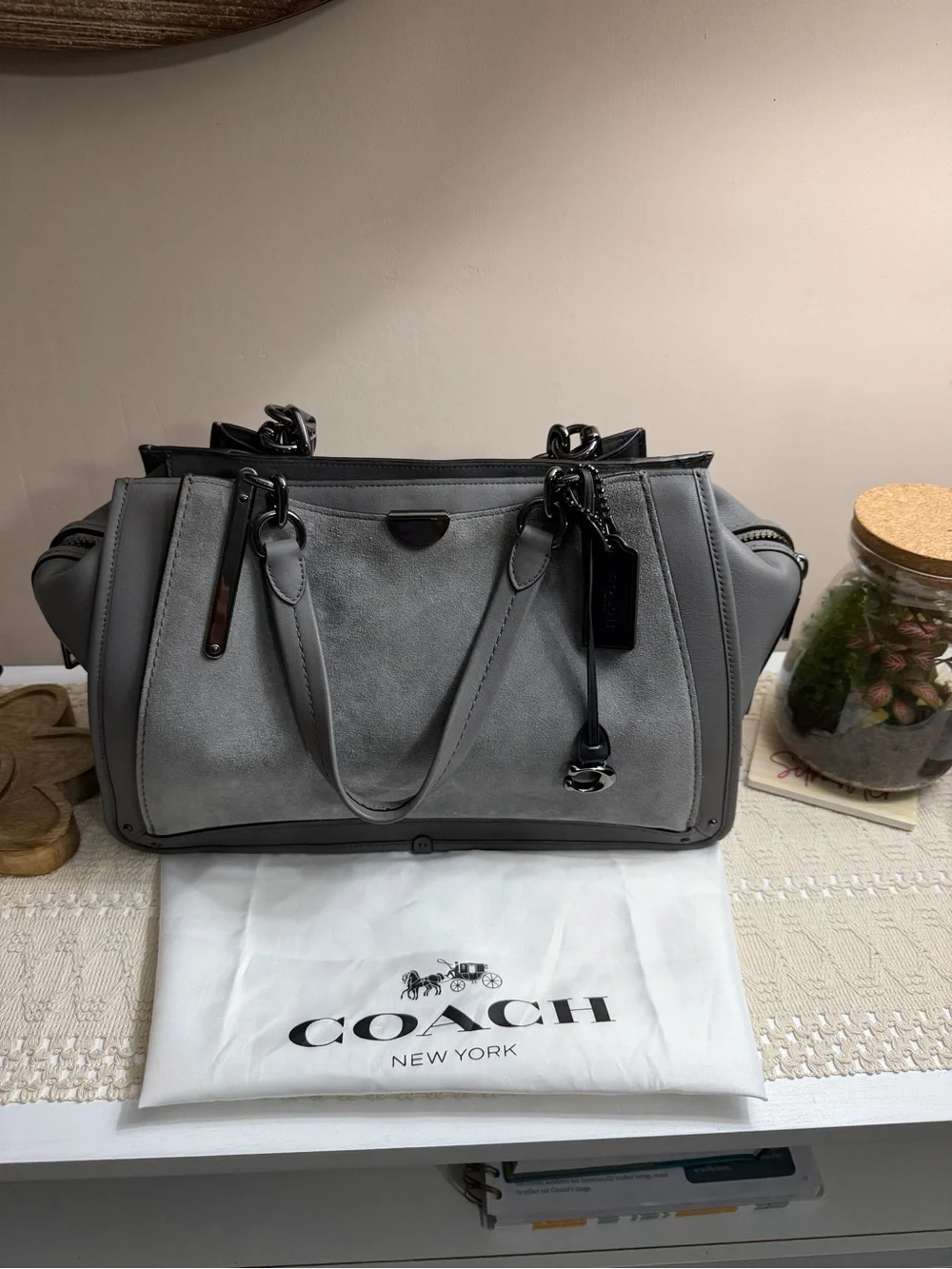 Coach Gray Leather & Suede Satchel with Chain Accent